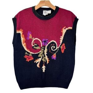 VTG 80s 90s Russ Sweater Vest Sz 1X Knit Black Maroon Floral Cottagecore Witchy